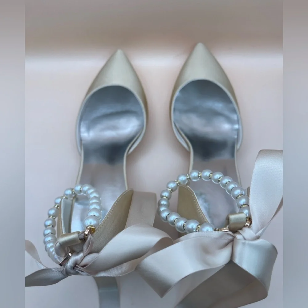 Champagne Satin Block Heels w/ Pearl Ankle Strap • EU 37 (US 6.5–7)